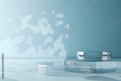 Glass podium with complex reflection and hard shadows on beige background. 3d stands for demonstration of cosmetic products.