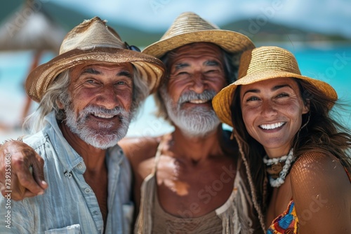 A diverse group of individuals happily standing together, showcasing their unique fashion choices, including sun hats, cowboy hats, sombreros, fedoras, and headgear, with smiles on their faces, again photo