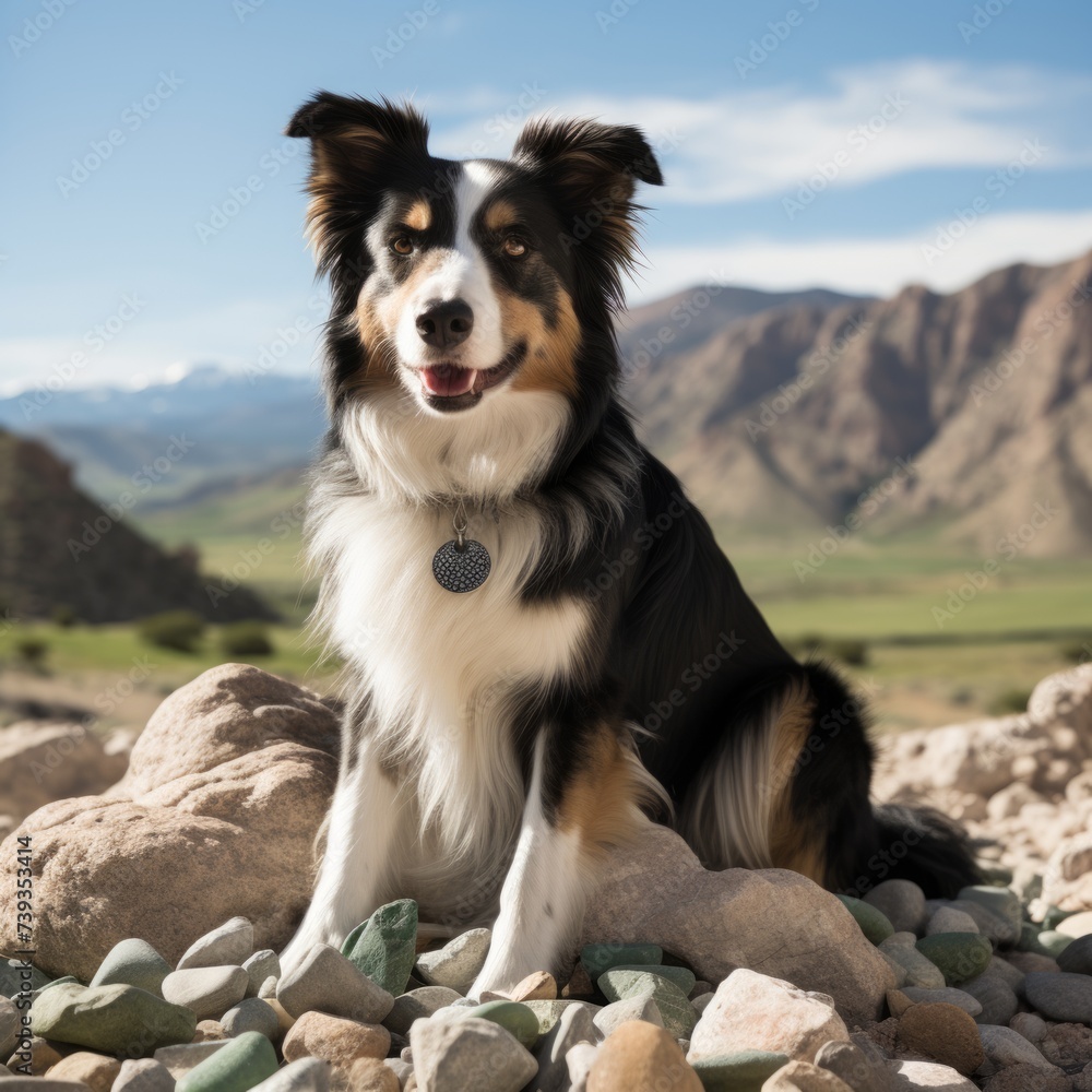 A Border Collie sits on a rock in the mountains