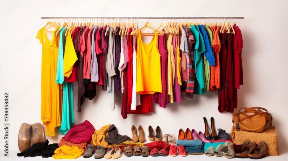 A colorful array of clothes and shoes on a rack.
