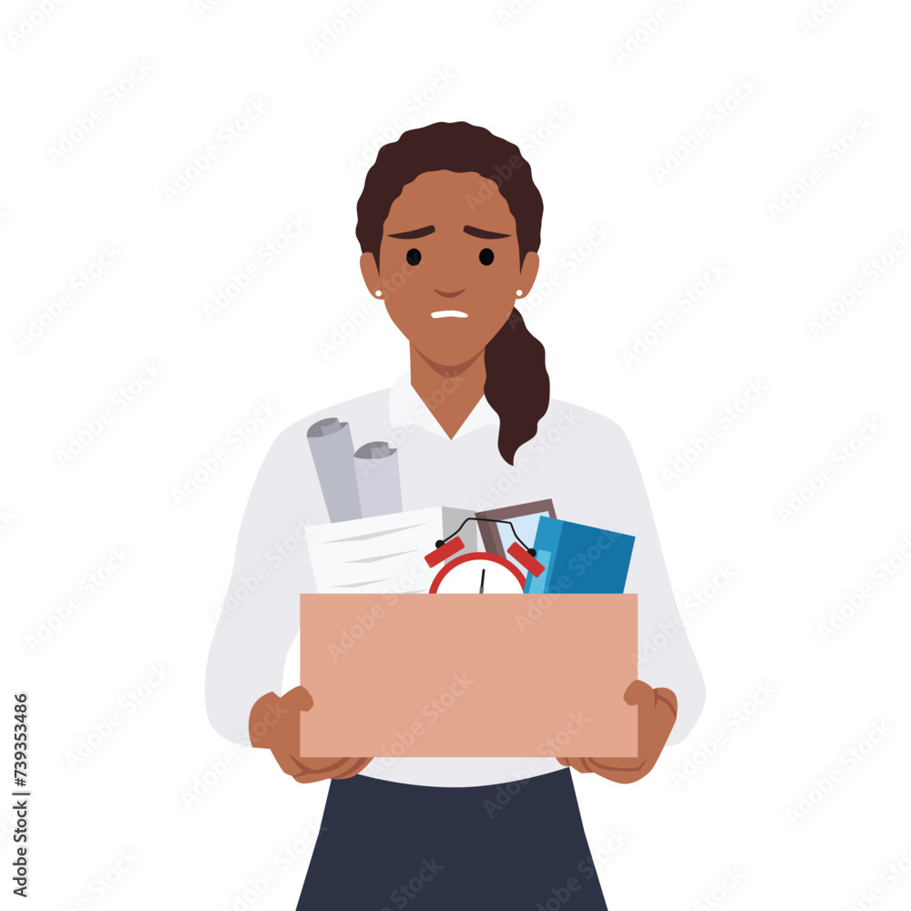 Distressed woman in glasses hold box with personal belongings fired from office. Unhappy female employee dismissed from company. Firing and dismissal. Distressed woman in glasses hold box with personal belongings fired from office. Unhappy female employee dismissed from company. Firing and dismissal.