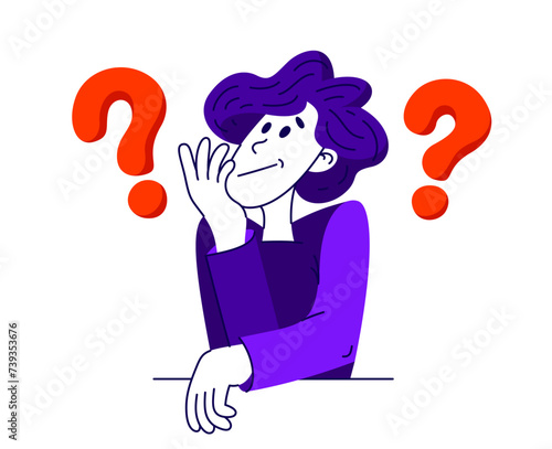 Young man having a doubt and question, vector illustration of a person who is hesitating and thinking about some problem, decide uncertainty.