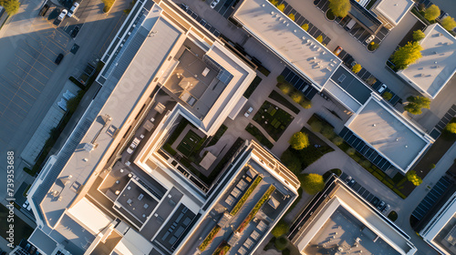 A drone view of an office building complex showcasing the scale and layout from an aerial perspective.