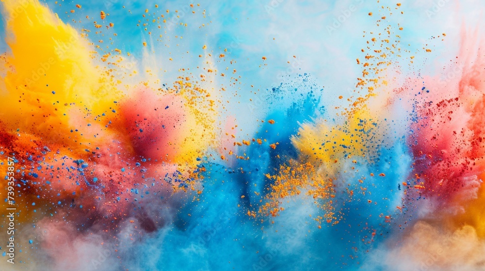 Dynamic splashes of colored powder erupting against a pure solid white background, creating a striking contrast and a sense of movement and vitality