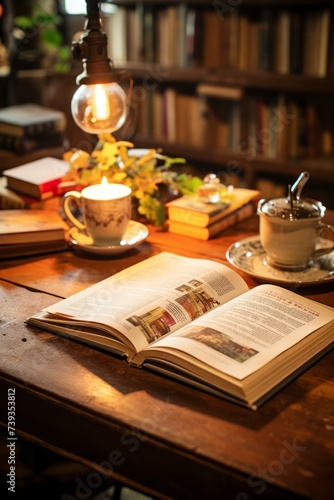 Vintage books and a cup of tea on a wooden table