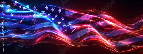 Futuristic 3D-rendered U.S. flag composed of vibrant neon lights, symbolizing a modern and innovative take on national pride. Concept of patriotism, digital art, and futuristic design. 