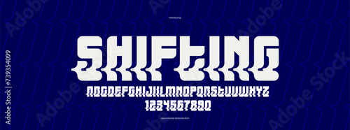 Bended and deformed display font for logos and posters, vector distorted and twisted typeface for headlines and advertising, letters and numbers alphabet typography.