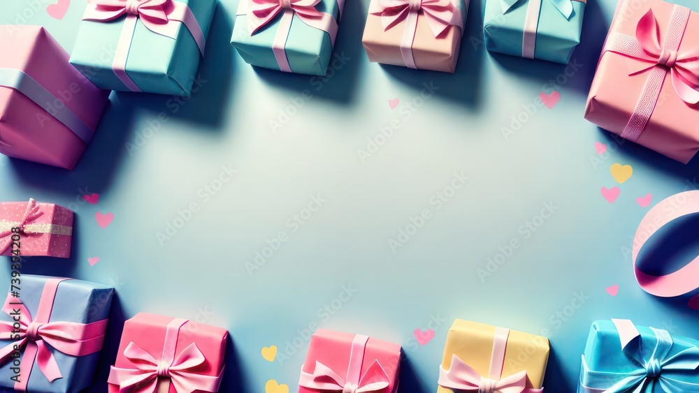 Fototapeta premium Pastel colors frame with free place for text made from a lot of gift boxes with big bows and candles