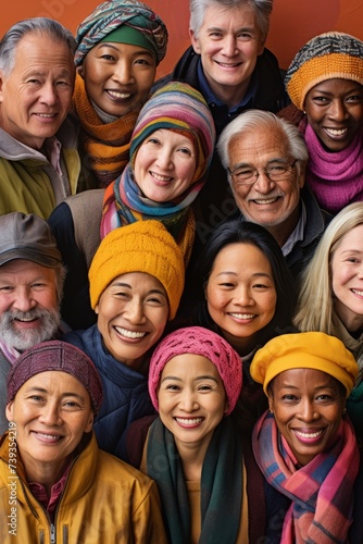 A group of diverse people of different ages and ethnicities are smiling and wearing colorful scarves and hats.