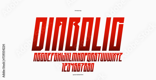 Halftone dotted futuristic cyberpunk font for logos and posters, vector brutal industrial typeface alphabet letters and numbers, urban technic future typography, italic version.