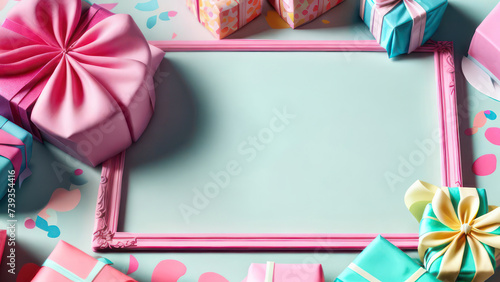 Pastel colors frame with free place for text made from a lot of gift boxes with big bows and candles photo