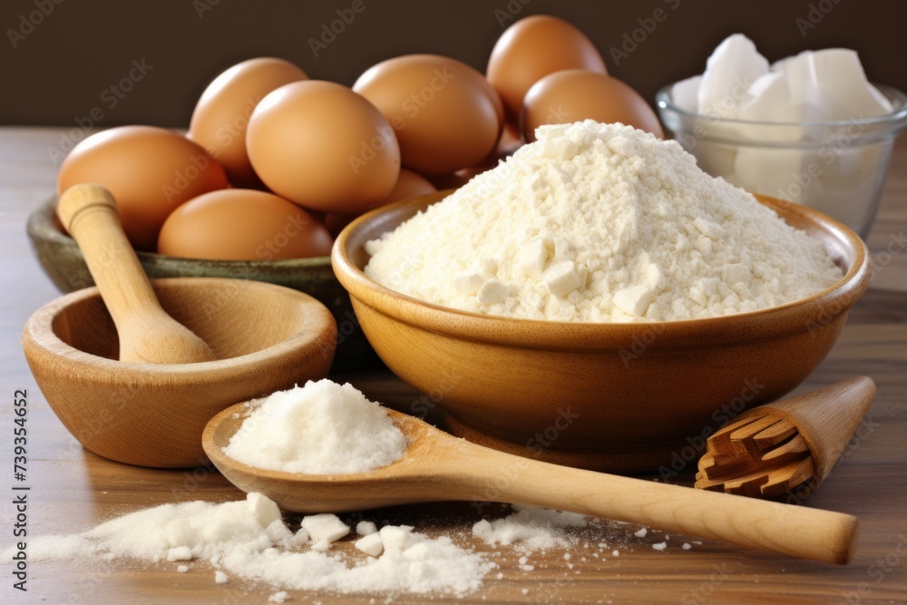 Various baking ingredients are arranged on a wooden table including eggs, flour, sugar, a wooden spoon, and a muddler Various baking ingredients are arranged on a wooden table including eggs, flour, sugar, a wooden spoon, and a muddler