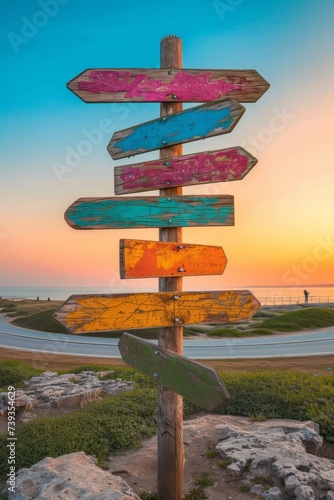 Wooden signpost with multiple blank colorful arrows pointing in different directions against a scenic sunset sky and road