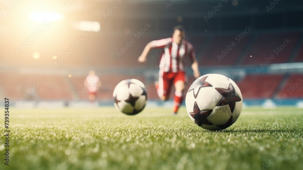 Two soccer players running after a ball during a soccer match - obrazy, fototapety, plakaty 