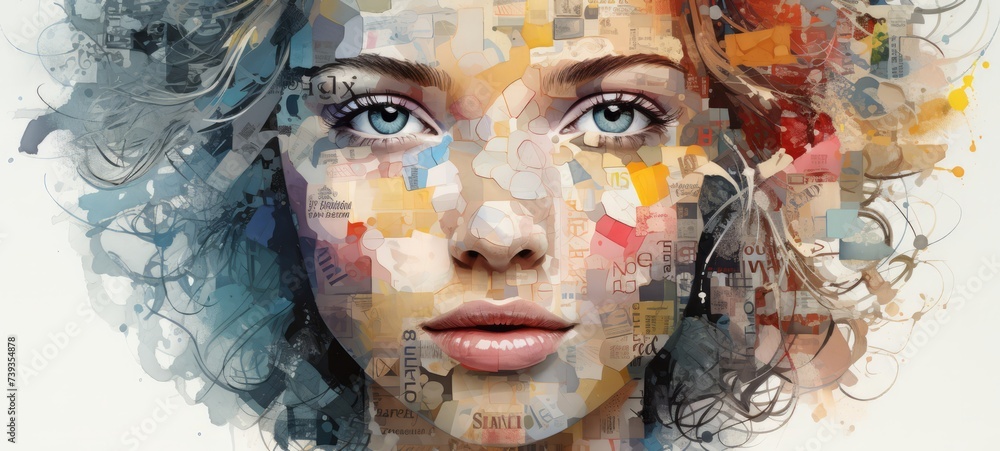 Woman's face watercolor illustration paint. Collage of empowering words and phrases forming the shape of a woman's face.