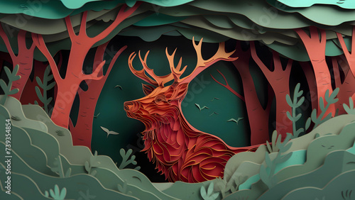 Deer in forest, paper art style