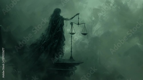 Mysterious person silhouette in black outfit standing with scales of justice. Death weighs good and bad deeds on scales. Justice after life concept. People life verdict. Everyone get what they deserve photo