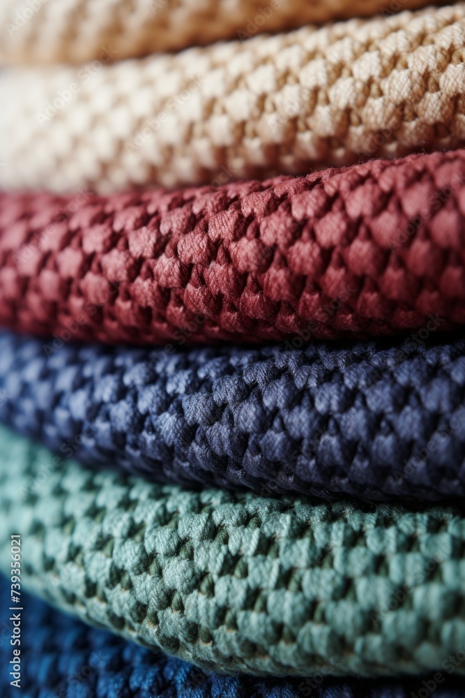Colorful closeup of a stack of four different colored bath towels