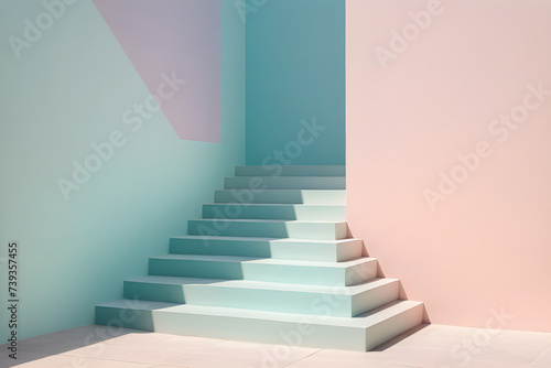 Simple stairs ascend gently against a soft pastel backdrop  minimalist design  no railing  each step casting a delicate shadow. Generative AI