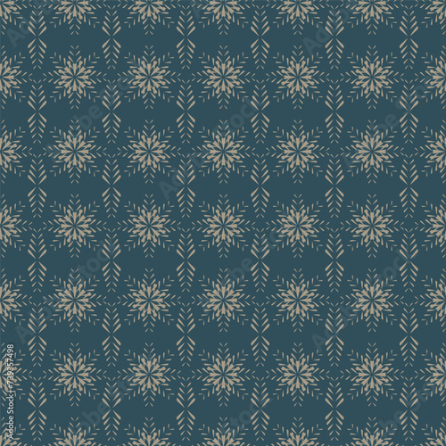 Hand-drawn seamless blue and beige pattern. Floral symmetrical ornament, classic fabric texture. Vector background for printing on fabric, gift wrapping, covers, wallpapers.