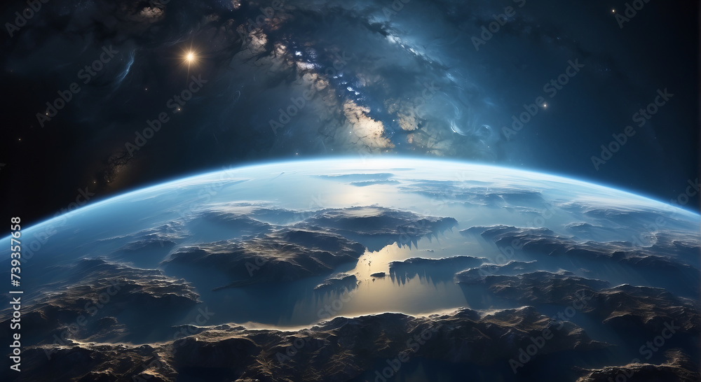 Earth's Surface from Space, Horizon and Weather Conditions Captured in Aerial Perspective. Panoramic view of planet Earth with copy space.