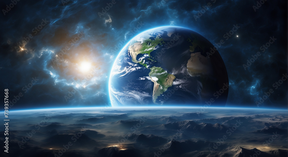 Earth's Surface from Space, Horizon and Weather Conditions Captured in Aerial Perspective. Panoramic view of planet Earth with copy space.