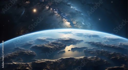 Obraz na płótnie Earth's Surface from Space, Horizon and Weather Conditions Captured in Aerial Perspective. Panoramic view of planet Earth with copy space. w salonie