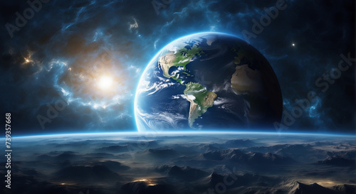 Obraz na płótnie Earth's Surface from Space, Horizon and Weather Conditions Captured in Aerial Perspective. Panoramic view of planet Earth with copy space. w salonie