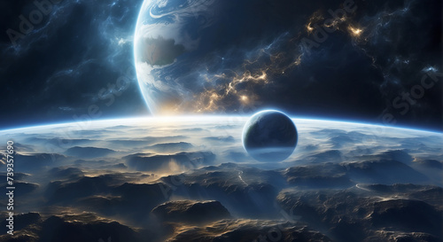 Obraz na płótnie Earth's Surface from Space, Horizon and Weather Conditions Captured in Aerial Perspective. Panoramic view of planet Earth with copy space. w salonie