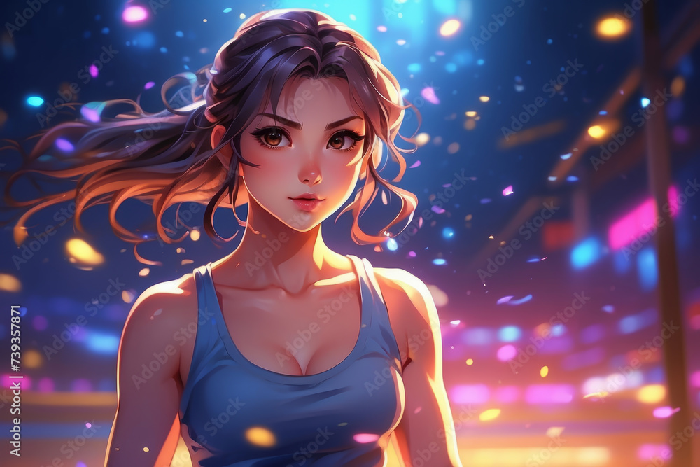 beautiful smiling woman cosplay anime style boxing. Portrait of beautiful woman working out at gym, running on treadmill and doing fitness exercises. healthy concept