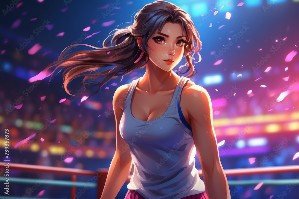 beautiful smiling woman cosplay anime style boxing. Portrait of beautiful woman working out at gym, running on treadmill and doing fitness exercises. healthy concept
