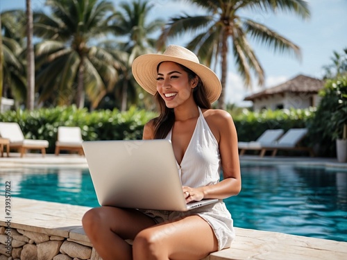 Woman working on laptop in the swimming pool. Freelance work. Dream job 