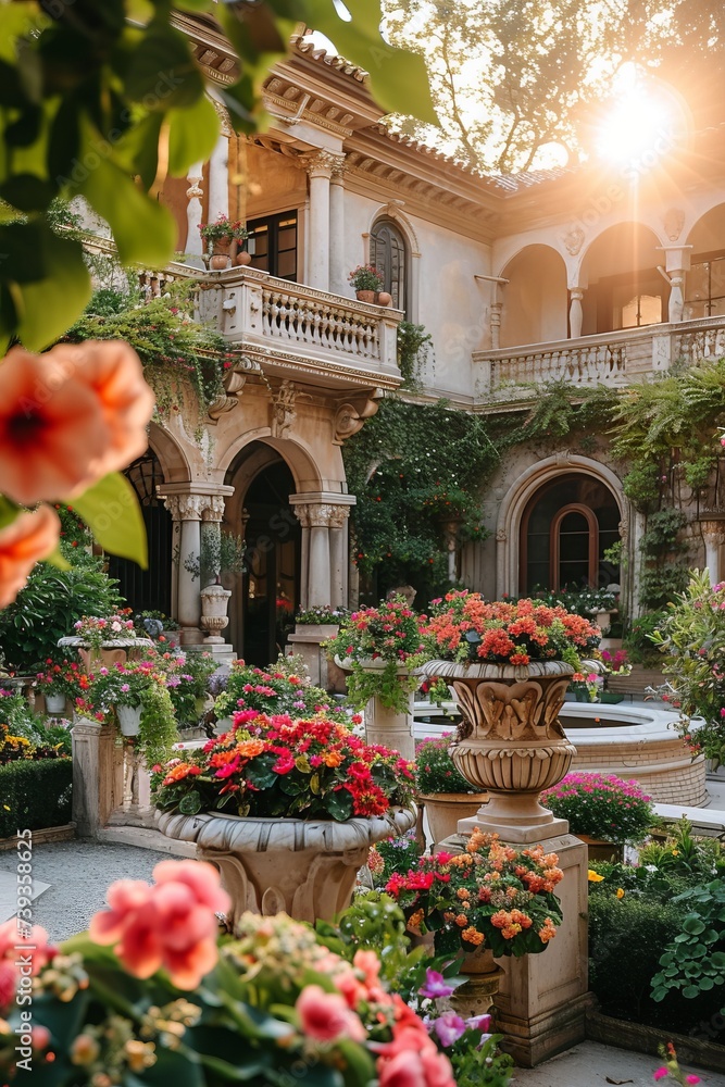 Fototapeta premium Courtyard of a Spanish style mansion with flowers
