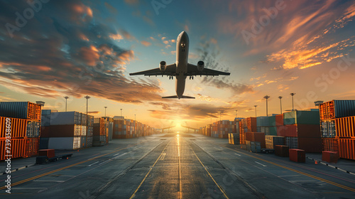 An airplane flies low over a runway lined with cargo containers at sunrise, showcasing the hustle of air freight.