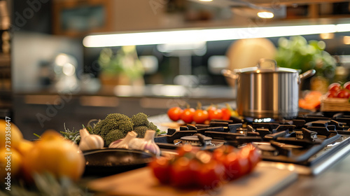 Professional kitchen setup showcasing fresh vegetables and cooking equipment, prepped for culinary creation. photo