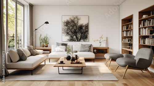 A modern living room with a Scandinavian twist, blending mid-century furniture with contemporary design elements for a timeless look © LOVE ALLAH LOVE