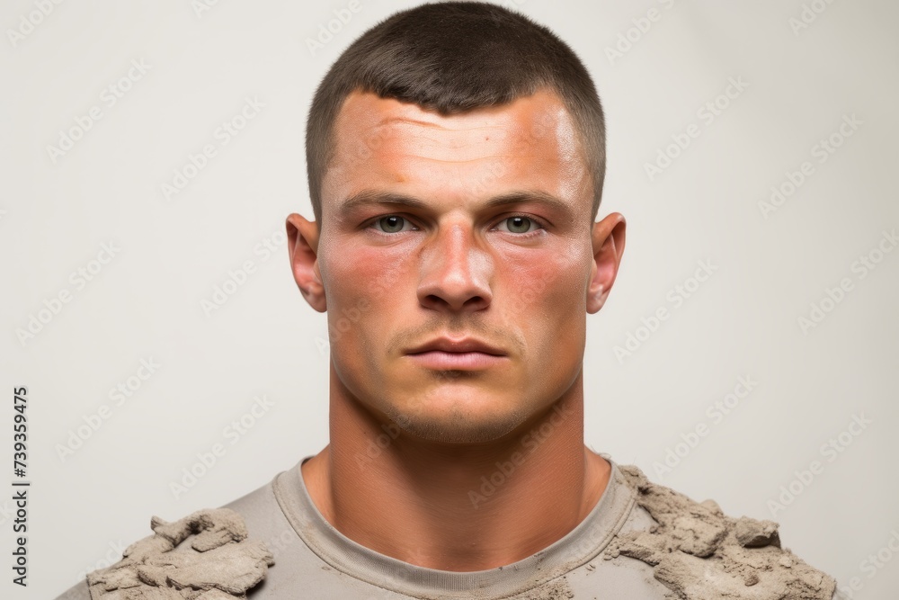 Fototapeta premium Portrait of a male soldier with mud on his face