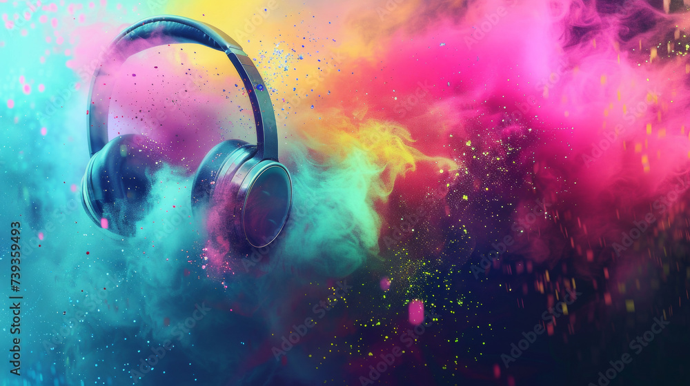 World music day banner with headset headphones on abstract colorful dust background. Music day event and musical instruments colorful design  - obrazy, fototapety, plakaty 