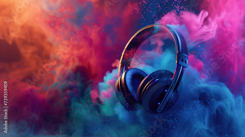 World music day banner with headset headphones on abstract colorful dust background. Music day event and musical instruments colorful design  photo