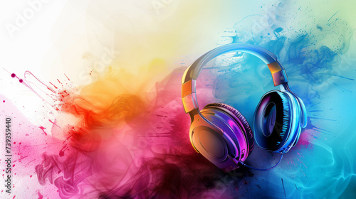 World music day banner with headset headphones on abstract colorful dust background. Music day event and musical instruments colorful design 