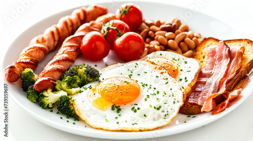 Hearty English Breakfast Spread on a Table With Eggs, Bacon, and Beans