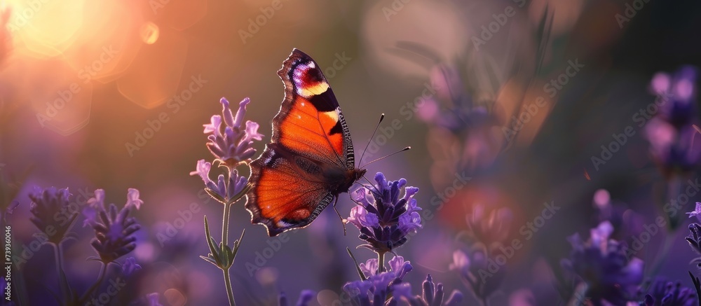 Vibrant butterfly perching gracefully on a colorful blooming flower in nature