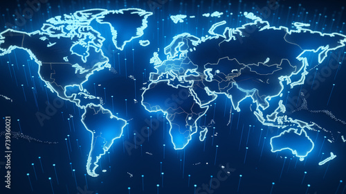 digital world map with blue glowing pixels, internet connected modern tech world, digital data map, futuristic technology background or wallpaper, online data network 