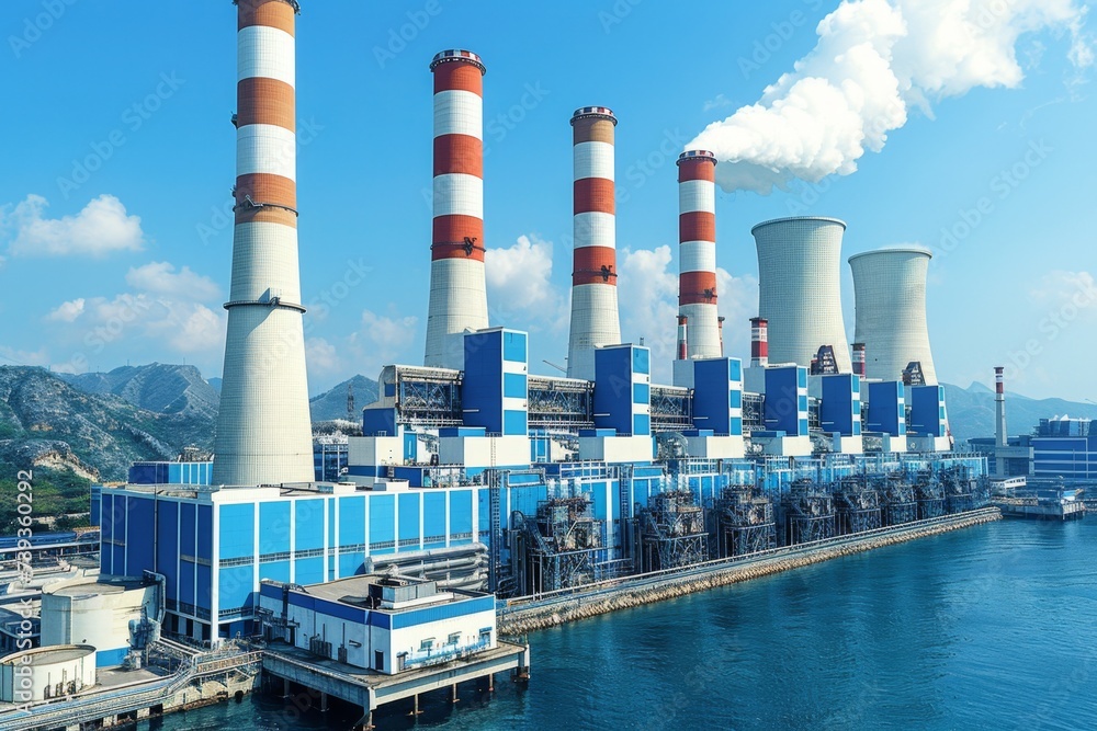 Obraz premium nuclear power industry plant with smoke stacks