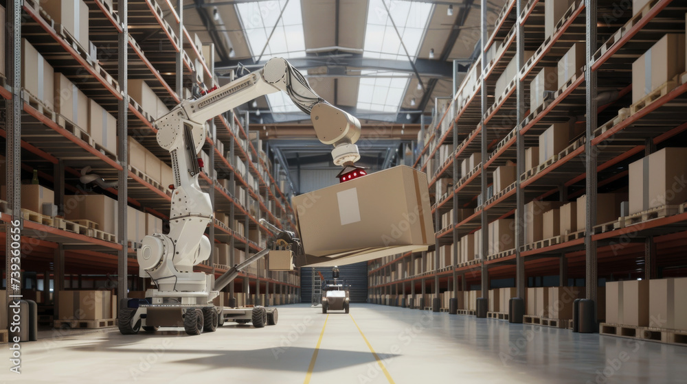 Robotic Arm Picking Up a Package from a Conveyor Belt in a Distribution ...