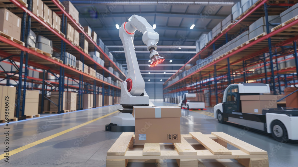 Robotic Arm Picking Up a Package from a Conveyor Belt in a Distribution ...