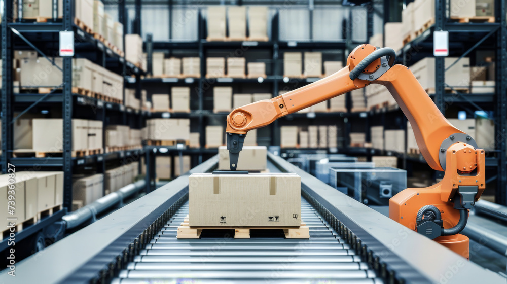 Robotic Arm Picking Up a Package from a Conveyor Belt in a Distribution ...