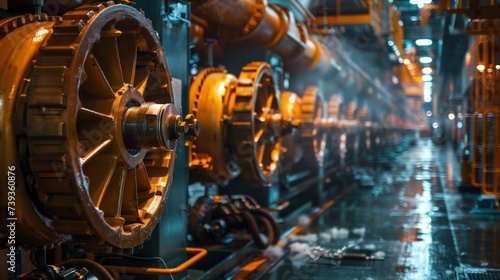 Marine engineer in safety gear examines the large propulsion system of a ship during an engineering inspection.