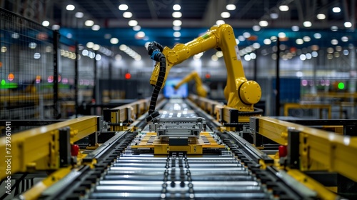 Highly sophisticated industrial robot engaged in performing precision tasks as part of an automated manufacturing process.