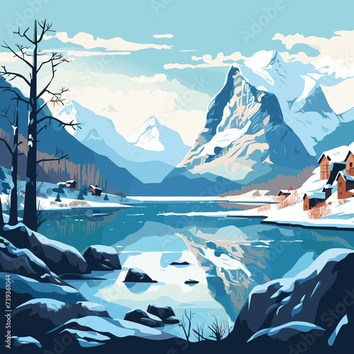 Panorama fjord landscape in Norway. Vector color illustration